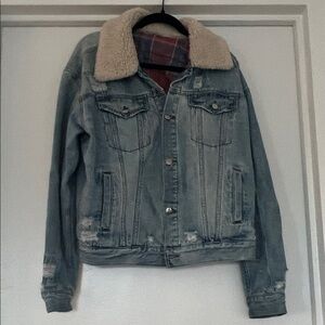 Free People Distressed Denim Jacket with Cream Collar